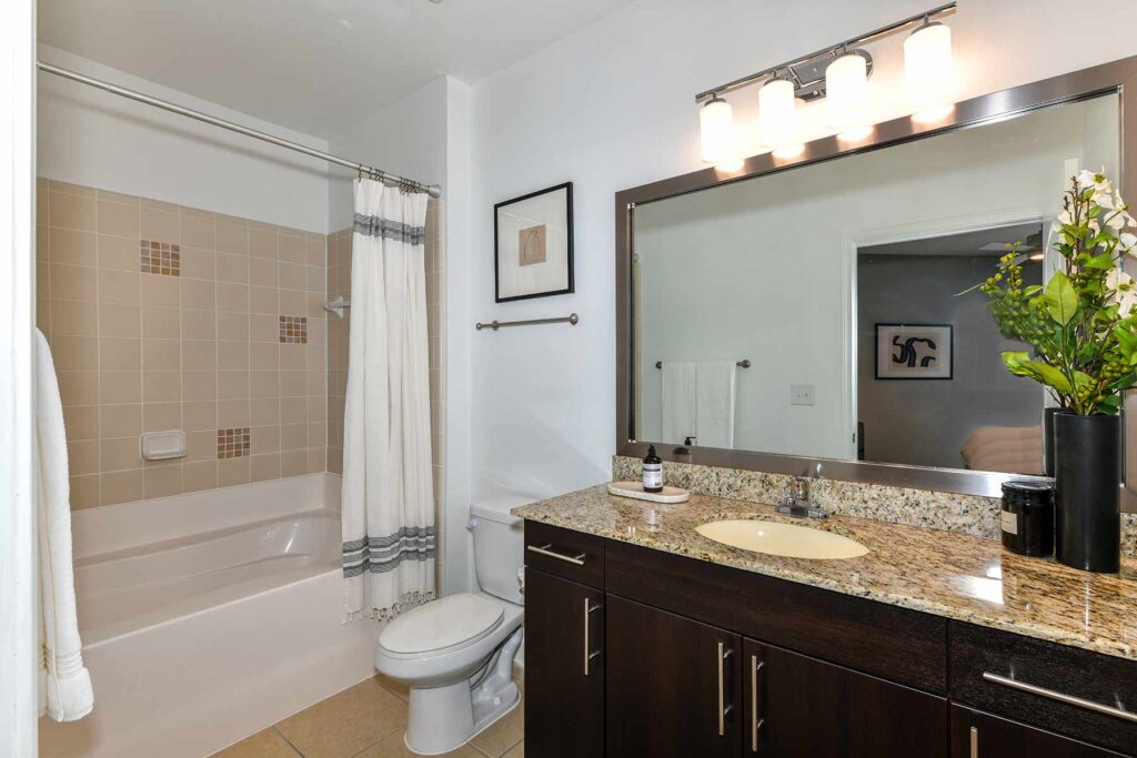 Bathroom with granite countertops, toilet, and shower