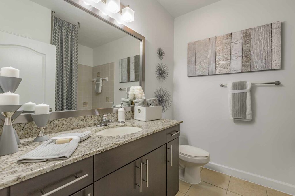 Bathroom with granite countertops, toilet, and shower