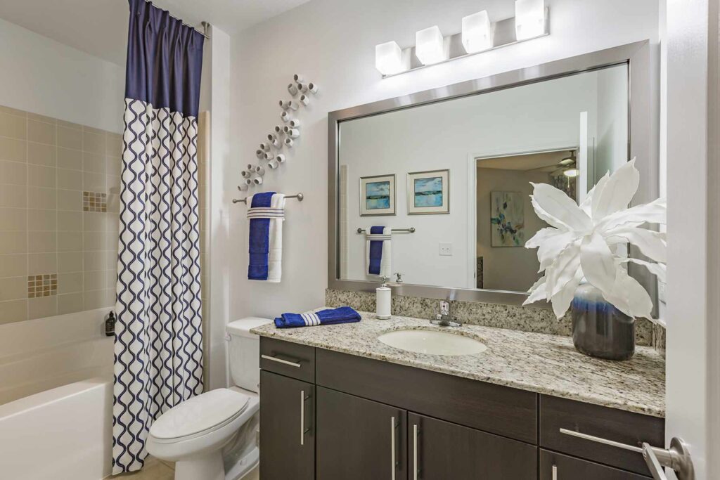 Bathroom with granite countertops, toilet, and shower