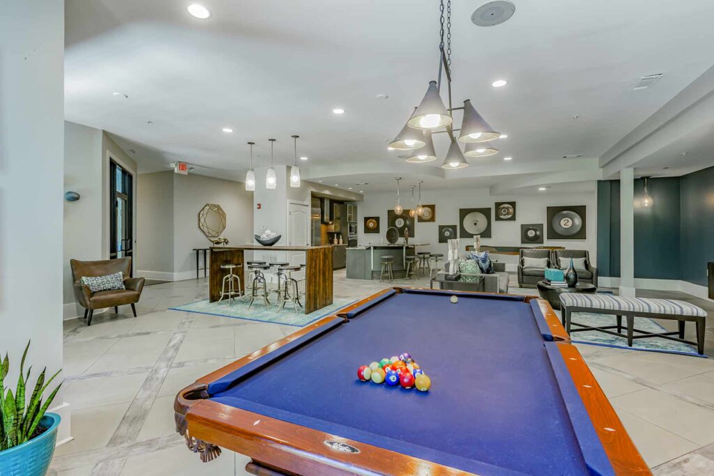 Clubhouse game room with Billiard table and kitchenette