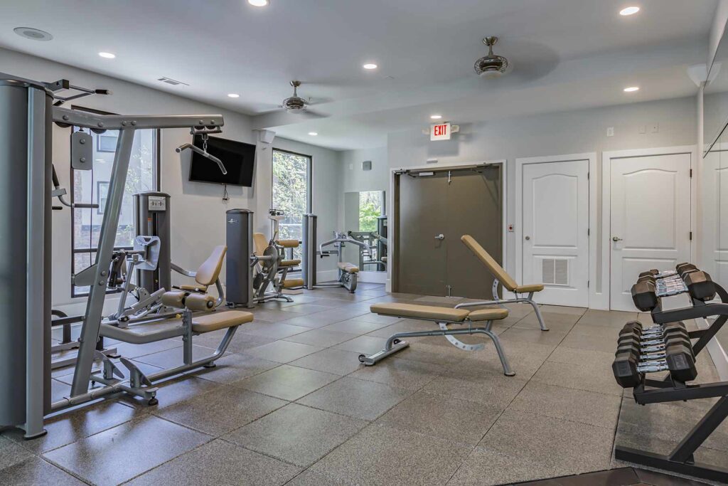 Fitness center with free weights and strength training machines