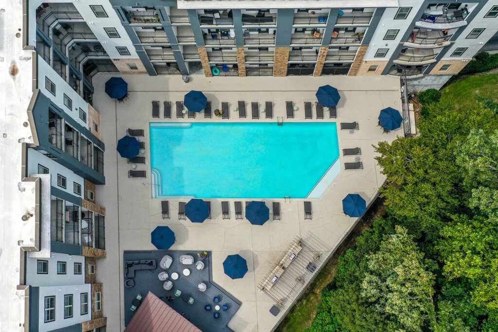 Aerial view of the pool and pool deck